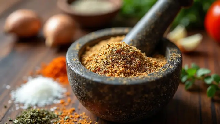 Tempero completo caseiro com sal, alho, cebola, ervas secas e páprica num pilão, com os ingredientes ao redor