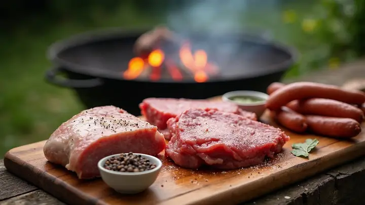 Tábua com carne, frango e linguiça crus e tigelinhas de sal grosso, chimichurri e pimenta-do-reino