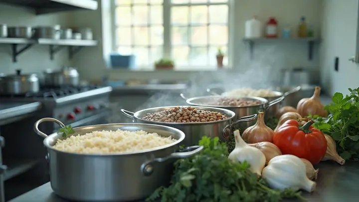 Cozinha escolar com panelões de arroz e feijão e alho, cebola e ervas frescas na bancada