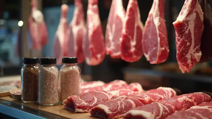 Balcão de açougue com cortes de carne na vitrine e pacotes de tempero e sal grosso em cima do balcão