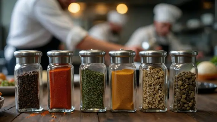 Bancada de cozinha de restaurante com potes de inox de temperos ao lado do fogão e mãos temperando uma frigideira