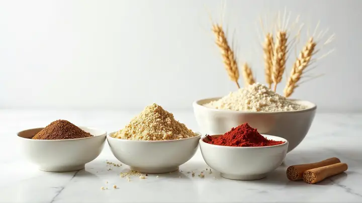 Tigelas de especiarias puras ao lado de uma tigela separada de farinha de trigo com espigas de trigo