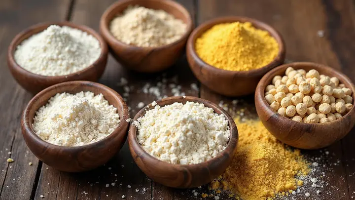 Tigelas de farinha de mandioca de texturas e cores diferentes, fina branca, grossa amarela, torrada e granulada