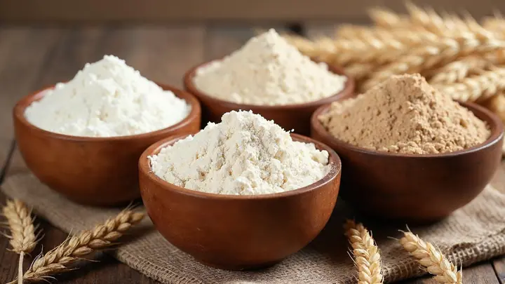 Três tigelas de farinha de trigo, branca, bege e integral, com espigas de trigo sobre mesa de madeira