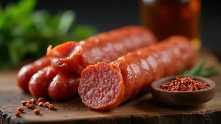 Linguiças com cor alaranjada numa tábua de madeira ao lado de uma tigela de sementes de urucum