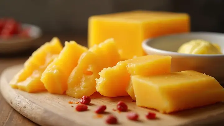 Queijo cheddar laranja e fatias de queijo prato numa tábua com manteiga e algumas sementes de urucum