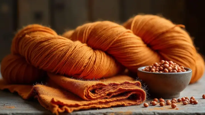 Meadas de algodão e tecido dobrado tingidos em tons de laranja ao lado de uma tigela de sementes de urucum