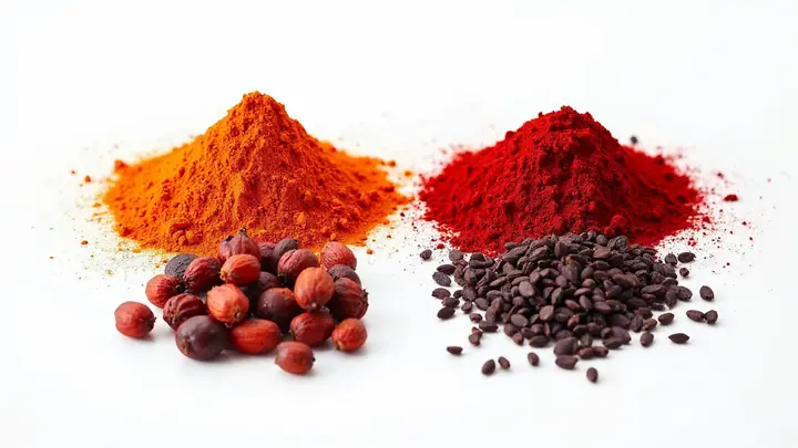 Montinhos de urucum laranja e de carmim vermelho-escuro lado a lado, com sementes de urucum e cochonilhas secas na frente
