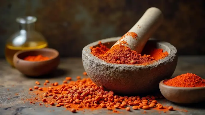 Sementes de urucum sendo amassadas num pilão de pedra, soltando pigmento vermelho, com uma tigela de colorau ao lado