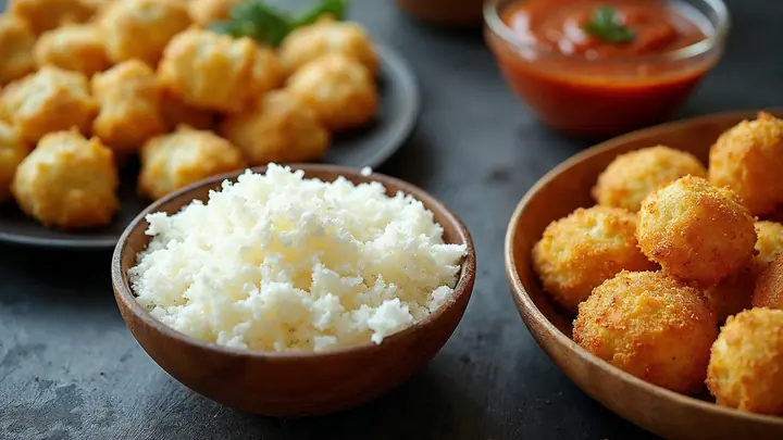Bancada de cozinha com fécula de mandioca, empanados dourados, molho engrossado e massa de pão de queijo