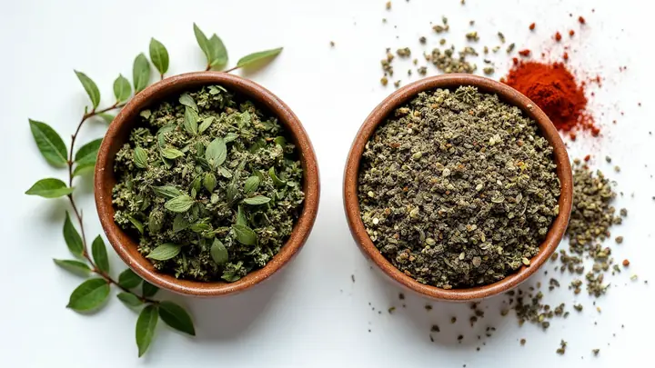 Duas tigelas de orégano lado a lado, uma verde e viva e outra desbotada e velha, com pacotes de tempero ao fundo
