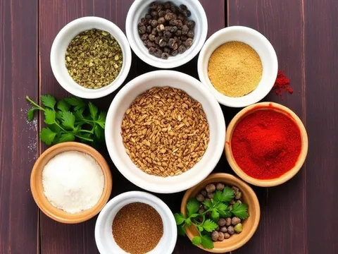 Potes com orégano, pimenta-do-reino, colorau, sal e outros temperos